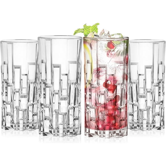 Barski Highball Glass - Drinking Glasses - Set of 4 Hiball Tumblers - Glass Crystal Tumbler - for Water, Juice, Beer, Mixed Cocktails, Mojito Glass, Tom Collins Bar Glassware, 11.6 oz, Made in Europe
