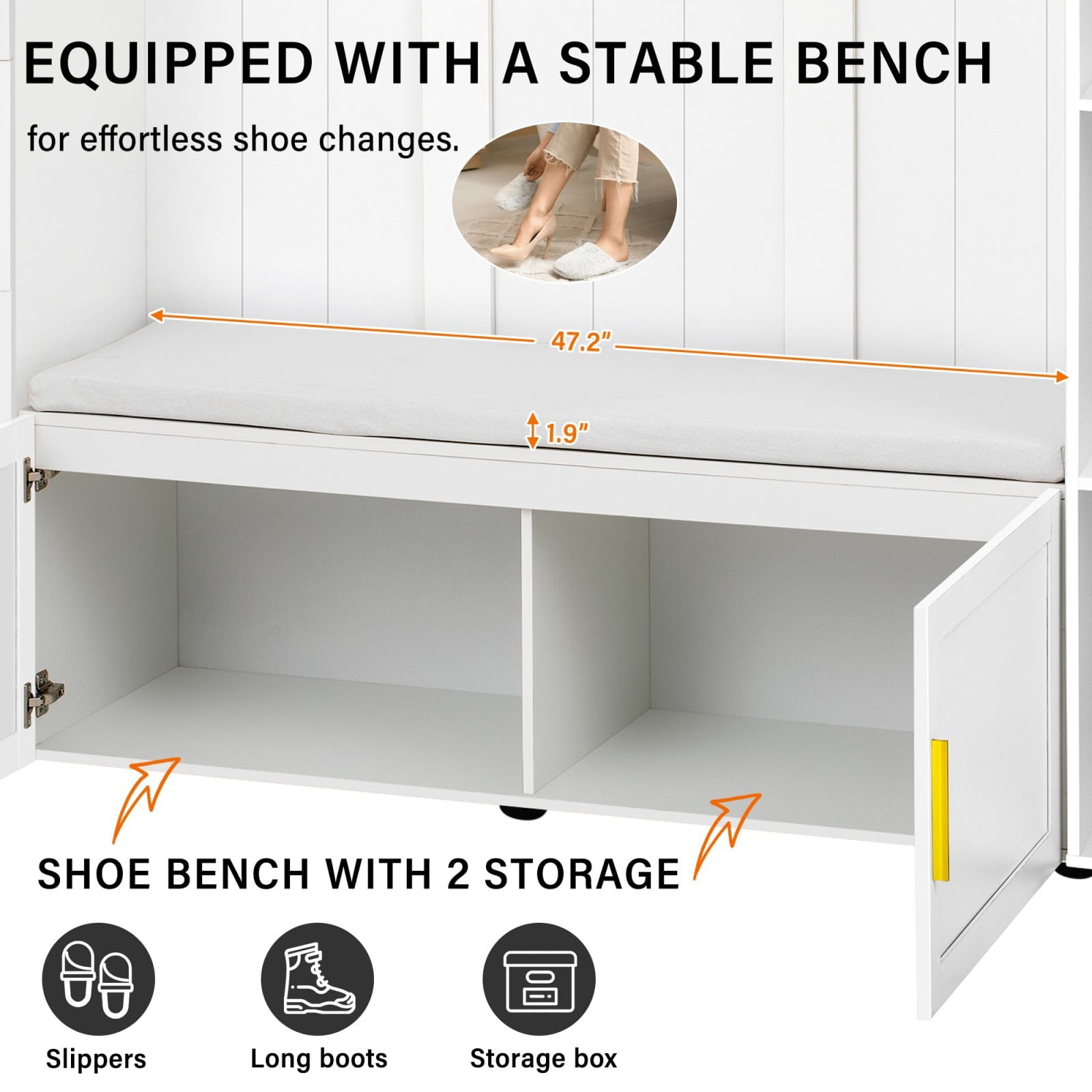 94"W 4-in-1 Entryway Hall Tree with Padded Bench, Coat Rack with 4 Hooks, Adjustable Storage Shelves & Cabinet, Large Mudroom Organizer for Hallway Living Room, Ancient White