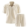 thumbnail image 4 of Men's 2 Pieces Outfits Casual Polo Shirt and Shorts Set Collar Athletic Jogging Jacquard Textured Summer Tracksuit Beige, 4 of 9