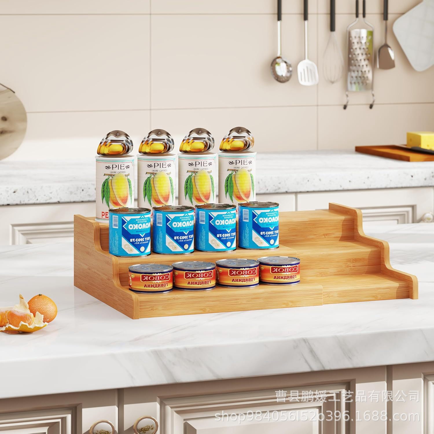 Expandable Bamboo Can Rack Organizer for Pantry, 3-Tier Adjustable Can Storage Holder, Soda Organizer Holds Up to 24 Cans, Canned goods Storage Display for Pantry