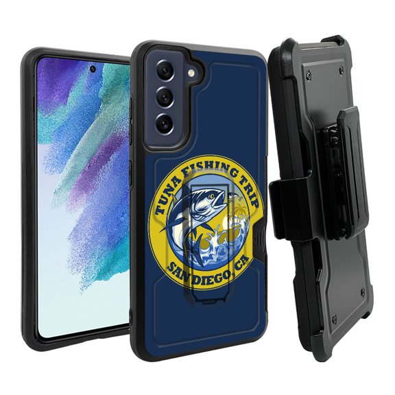 ANJ  Rugged Dual Layer Hybrid Holster Kickstand Case w/ Card Slot   Tempered Glass Cover for Samsung Galaxy S21 FE 5G - Tuna Fishing Trip