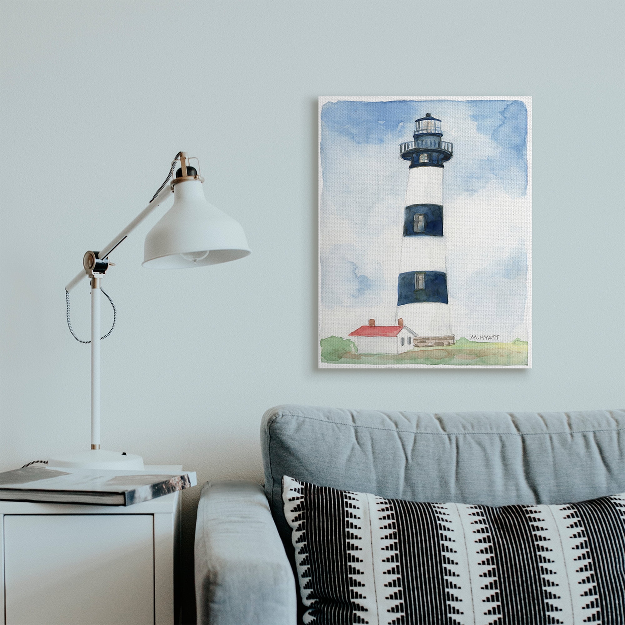 Stupell Industries Black Striped Lighthouse with Quaint Cabin Canvas Wall Art, 24 x 30, Design by Melissa Hyatt LLC