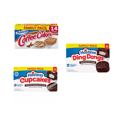 Hostess Cinnamon Streusel Coffee Cakes Family Pack 14 ct& Hostess Chocolate Cupcakes – Family Pack 14 ct&Hostess Ding Dongs – Family Pack 16 ct
