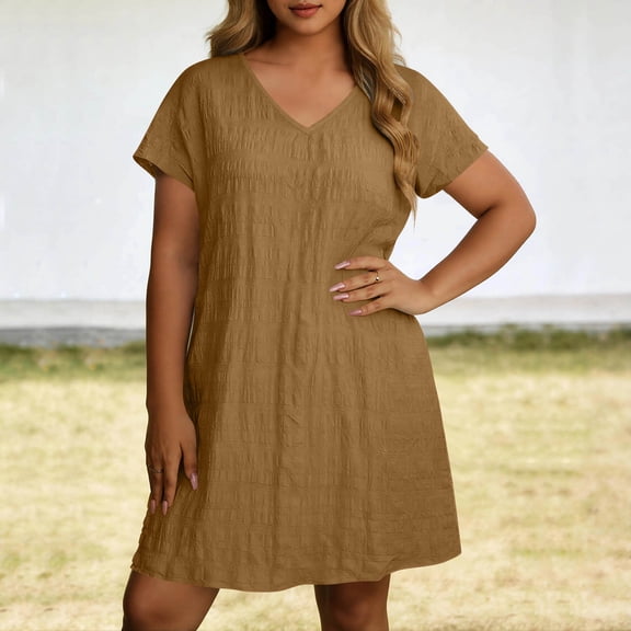 Karight Womens Textured V Neck T Shirt Dress Short Sleeve Loose Fit Casual Summer Shift Dresses