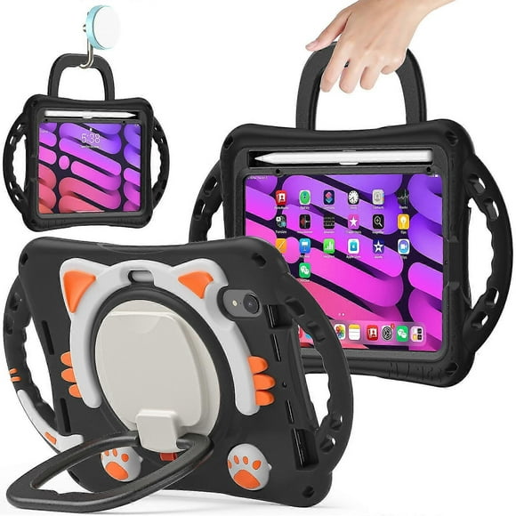 Kid Friendly Cat Design Case For Ipad Mini 6 With Big Ring Stand, Two Portable Handle, Shockproof, Camera Protection Cover, Durable