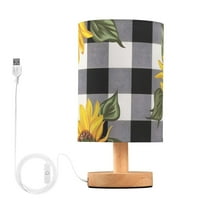 Sunflower with Black White Plaid Bedside Desk Lamp LED Table Nightstand Lamps Warm Light Fabric Lampshade for Home Bedroom Office Living Room Decor