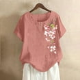 thumbnail image 2 of Dazajoo Linen Cotton Shirts for Women Vintage Floral Print Short Sleeve Blouses Summer Casual Round Neck Tops,Pink,XXXL, 2 of 5