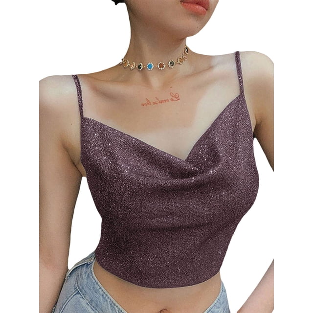 Txlixc Blusa de verano para mujeres, correas de espaguetis brillantes, negras cuello V de corte bajo para niñas Txlixc moda