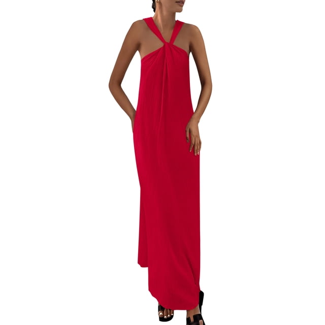 Vestido de verano PRETTYGARDEN para mujer 2025 con tiras holgadas, rojo