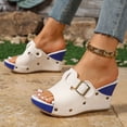 thumbnail image 3 of Rokment Women's Studded Buckles Platform Wedge Mules Slip on Sandals Fashion Casual Suede Peep Toe Color Block Chunky High Heels Summer Dressy Slides Blue Size 6.5, 3 of 6