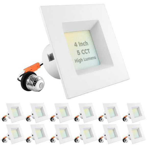 Luxrite 12-Pack 4" Square LED Recessed Can Light 14W=75W 5 Color Option 950 Lumens Dimmable Wet Rated ETL Listed