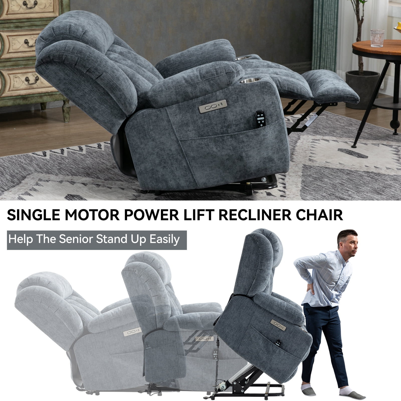 Alvantor Power Lift Recliner Chair for Elderly with Massage and Heat, Chenille Recliners Chair with USB Ports & Cup Holders Drak Grey