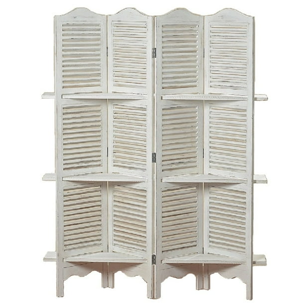Stockbridge 4 Panel White Room Divider with 3 Shelves and Louvered
