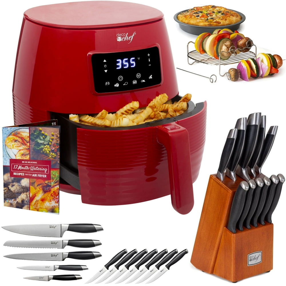 Deco Chef Digital 5.8QT Electric Air Fryer (Red) Bundle with Gourmet 12
