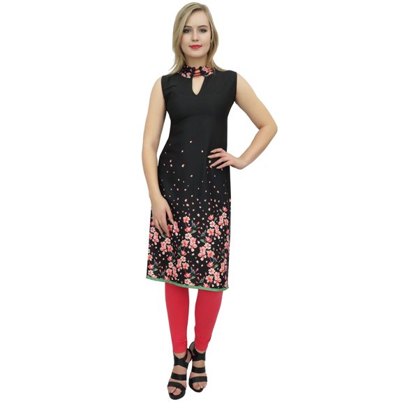 Bimba Women's Sleeveless Black Floral Printed Tunic Designer Kurta Kurti-20