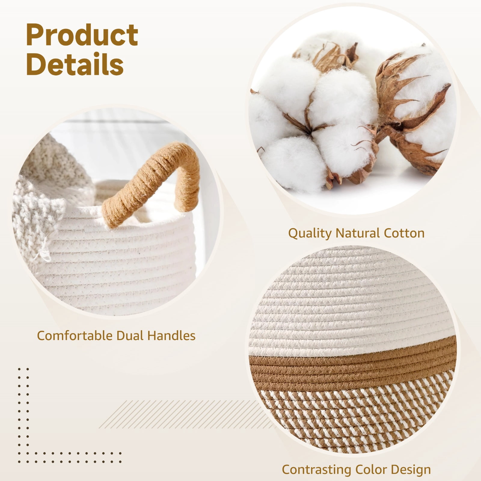 Cotton Woven Basket with Handles, 15.7" x 13" Large Cotton Rope Woven Storage Basket for Organizing, Laundry Hamper, Round Toy Organizer Bin for Nursery, Living Room, Bedroom