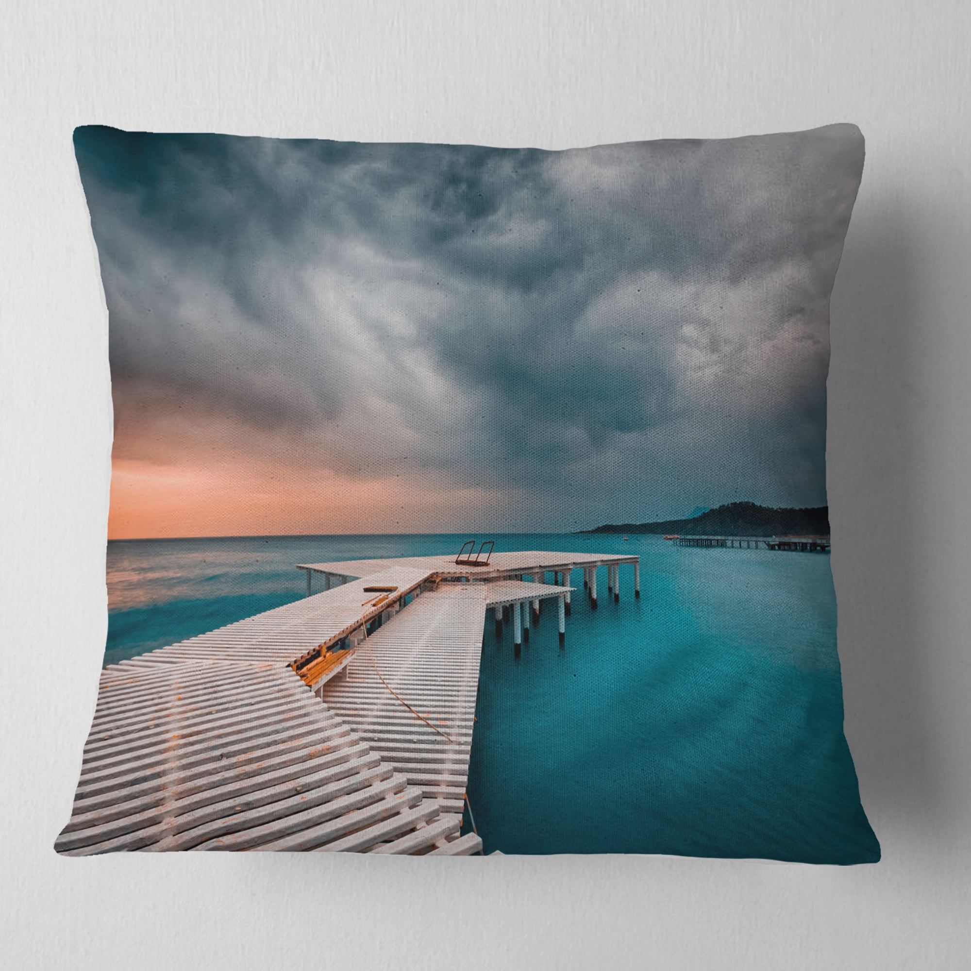 Designart Pier in Ocean in Cloudy Day - Seashore Photo Throw Pillow - 18x18