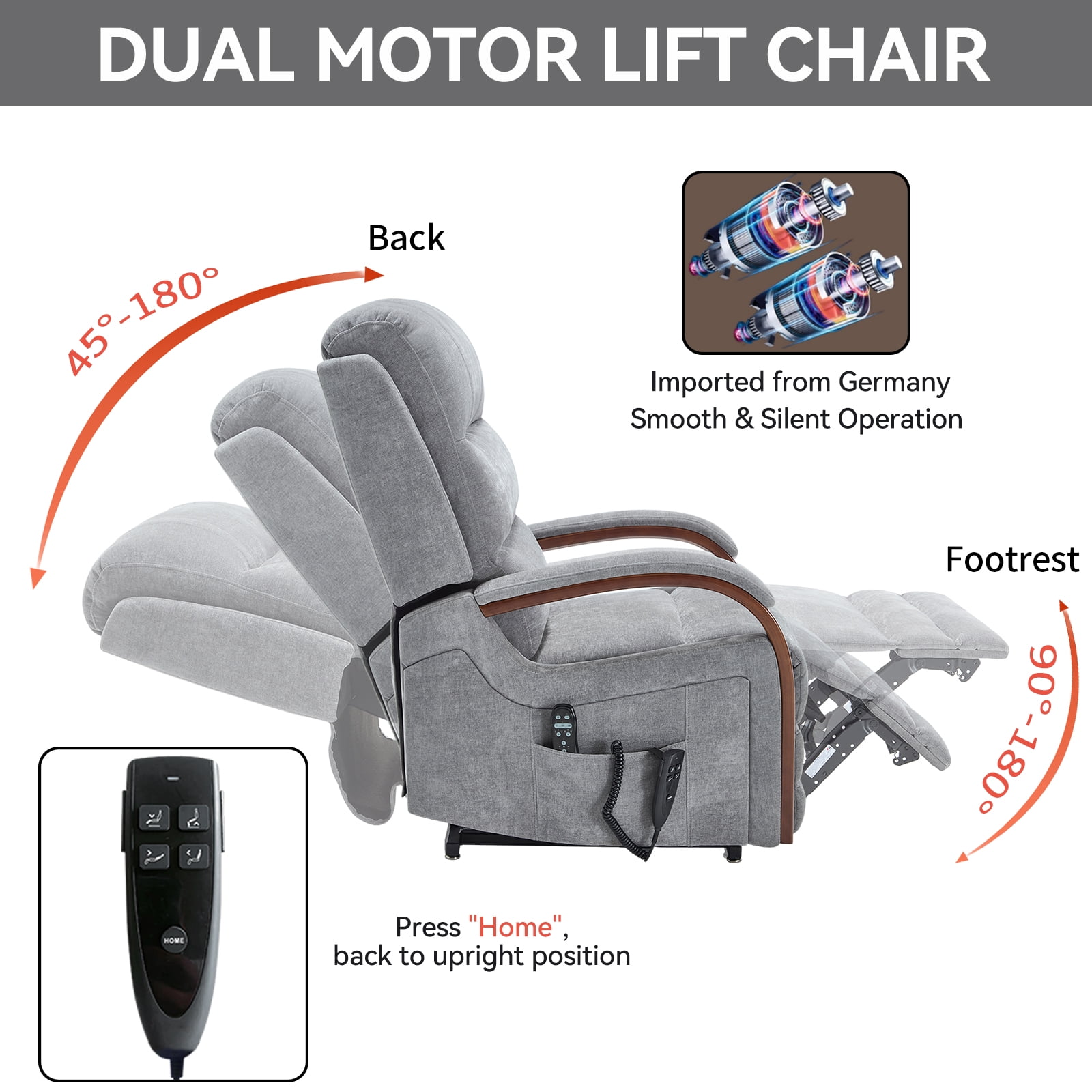 Gewnee Power Lift Recliner Chair with Heat and Massage,Lay Flat Assist Recliner with Side Pocket & Solid Wood Armrest,Lift Chair for Living Room.Gray Chenille