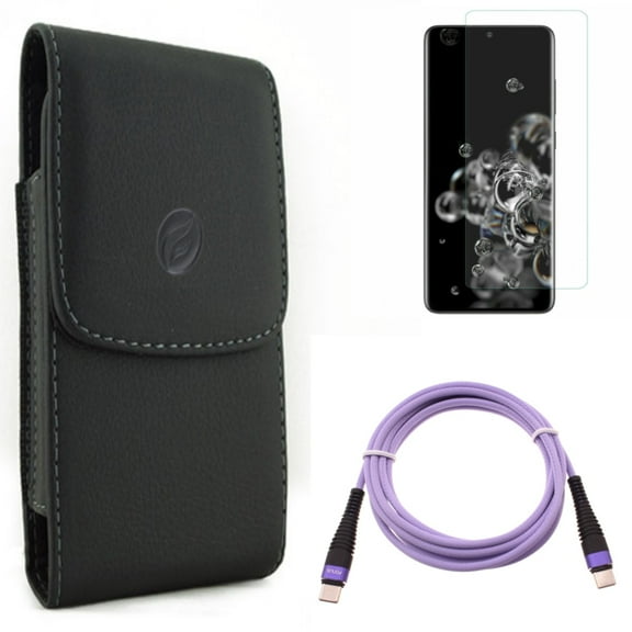 Purple 6ft PD Cable w Screen Protector w Case Belt Clip for Samsung Galaxy S20 Ultra - Type-C to USB-C Long Charger Cord Power, Tempered Glass [Fingerprint Unlock] 3D Curved fits Galaxy S20 Ultra