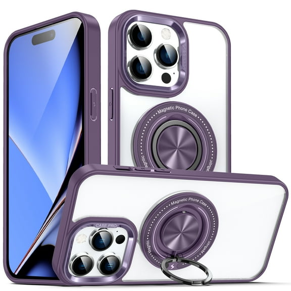 Allytech Clear Mangetic Case for iPhone 17 Pro Max with 360° Rotatable Ring Holder Kickstand, [Compatible with MagSafe] Soft Bumper Rugged Acrylic Back Hybrid Protective [Non-Yellowing], Purple