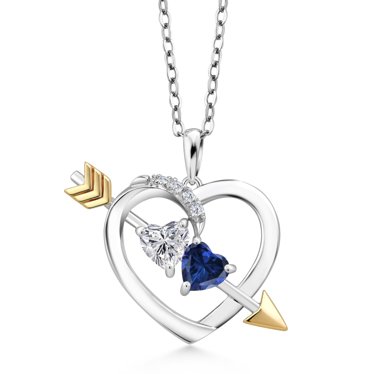 Gem Stone King 925 Silver and 10K Yellow Gold Lab Grown Diamond and Blue Created Sapphire Pendant Necklace for Women | 0.98 Cttw | Gemstone April Birthstone | Heart Shape 5MM | With 18 inch Chain