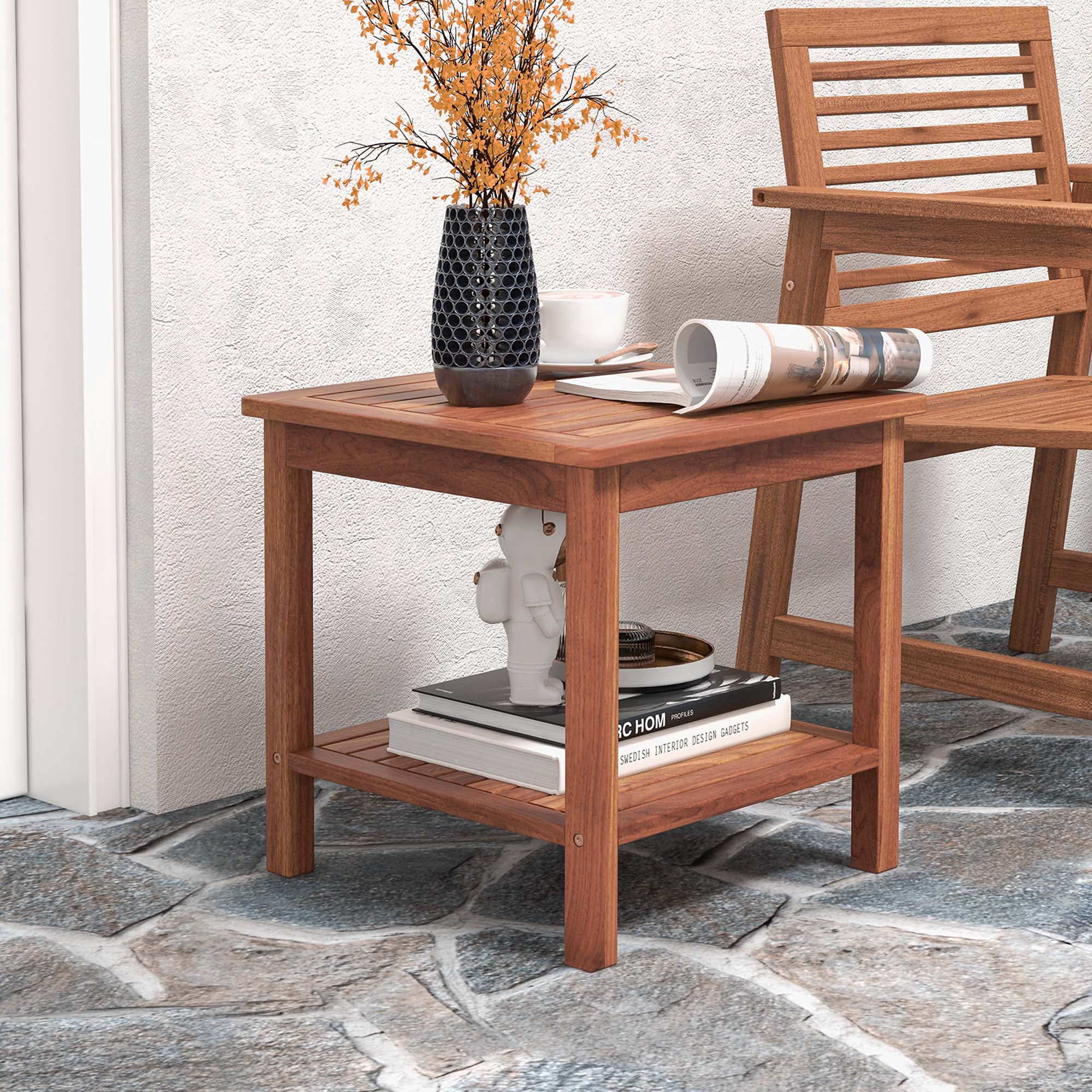 Costway Patio Acacia Wood Side Table 2-Tier Square End Table Porch Poolside Natural