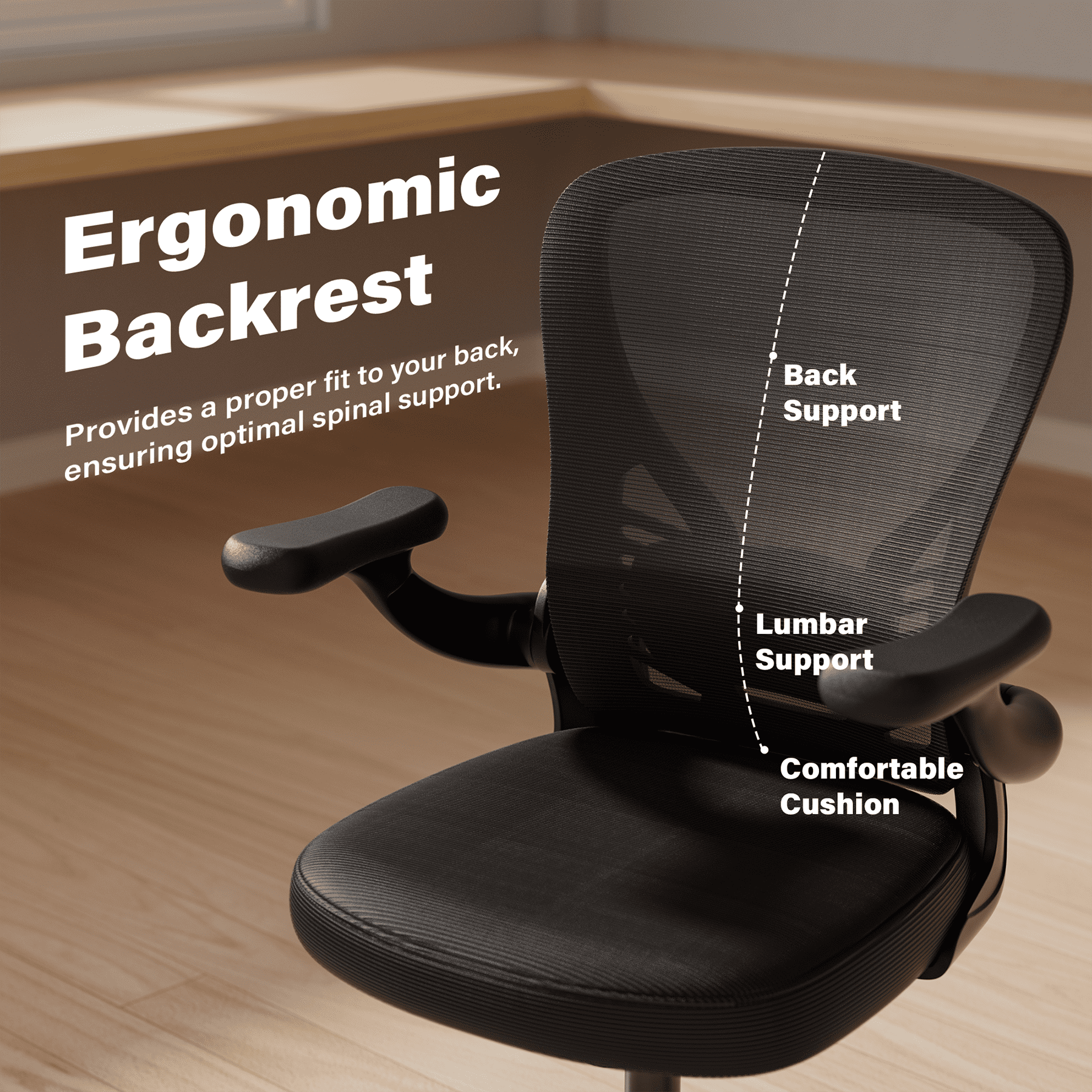 Solfway Black Mesh Computer Desk Chair, Ergonomic Mesh Office Chairs with Adjustable Lumbar Support, Height, 3D Flip-up Arms, Wheels, Rocking Function