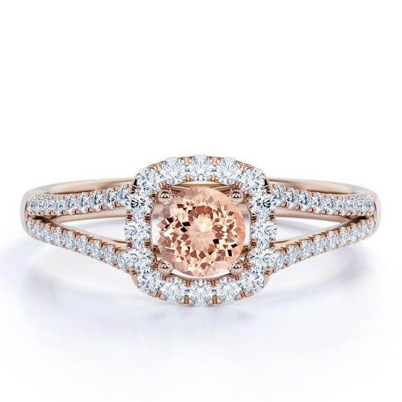 JeenMata Split Shank 1 Carat Round Brilliant Cut Lab created morganite and Moissanite Cushion Halo Engagement Ring in 18K Rose Gold Plating over Silver