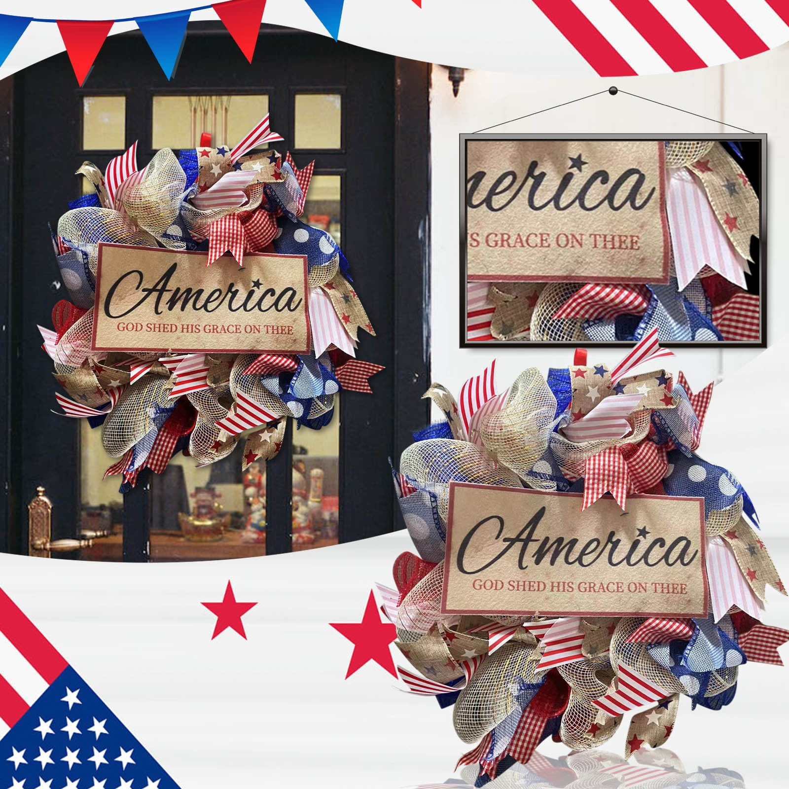 4th of July Truck Wreath Front Door Party Decoration Patriotic Red White Blue Independence Day 1776-2026 Memorial Day Bow Knot USA Gifts