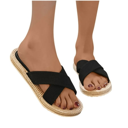 

Women Shoes Summer Beach Sandals Imitation Hemp Rope Travel Flat-bottom Slippers