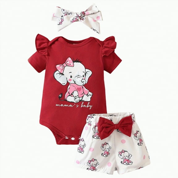 TOWED22 Newborn Baby Girl Summer Shorts Set Little Cutie/Berry Sweet Short Sleeve Romper Orange/Strawberry Shorts Outfit(Red,12-18 M)