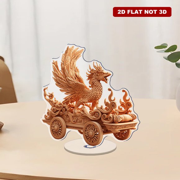 Rotating acrylic piece featuring a phoenix chariot with intricate flame-like decorations, showcasing ultra-realistic clay materials and high-resolution detail