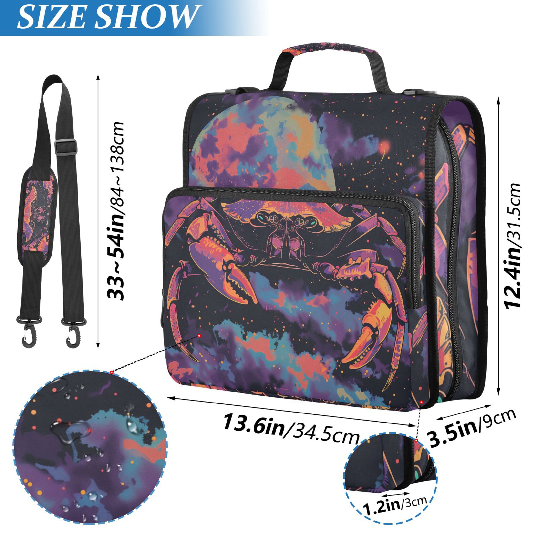 3 Ring Zipper Binder with Shoulder Strap Waterproof Trapper Keeper 2 Inch D-Ring 500 Sheets Capacity Crab in Space