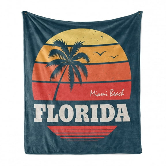 Florida Soft Flannel Fleece Blanket, Abstract Circular Design of Miami Beach Warm Colored Sunset and Birds, Cozy Plush for Indoor and Outdoor Use, 50" x 60", Bluegrey and Multicolor, by Ambesonne