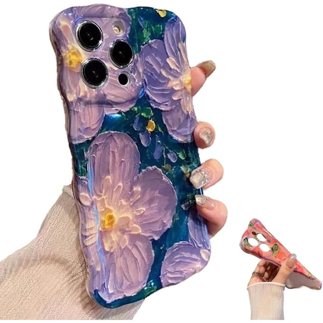 Lurvia Funda para teléfono, colorida pintura al óleo retro flor patrón de luna, funda protectora de TPU delgada a prueba de golpes, funda floral impermeable Airbag anti-caída (púrpura, para iPhone 13)