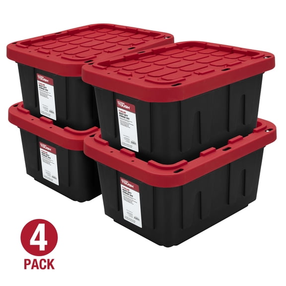 Hyper Tough 5 Gallon Snap Lid Storage Bin, Black and Red, Pack of 4