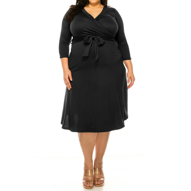 Women's Plus Size Wrap Dress 3/4 Sleeve V-Neck Waist Tie - Walmart.com