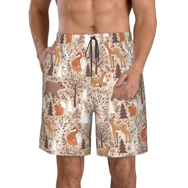 Balery Woodland Animals in Neutral Tones Traje de Baño Estilo Hawaiano para Hombre, Shorts de Secado Rápido con Bolsillos-Large