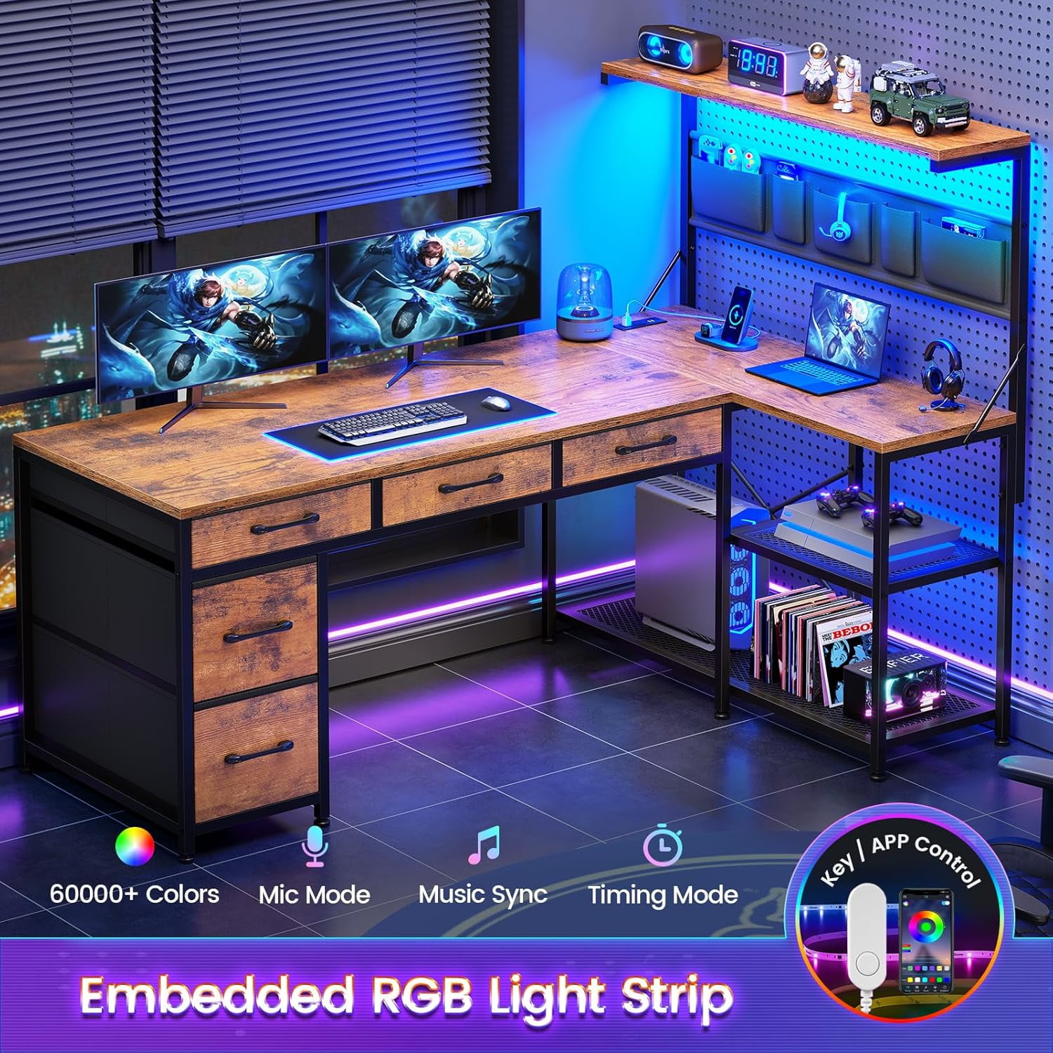 47" L Shaped Desk with 5 Drawers & Hutch, Reversible Gaming Desk with LED Lights & Outlets, Computer Desk with Open Shelves & Storage Bag for CPU, Books etc for Home Office, Space Saving, Rustic Brow