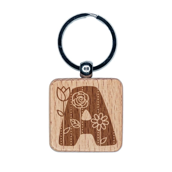 Sweet and Cute Flowers Rounded Block Letter A Square Keychain Charm Tag - Engraved Wood