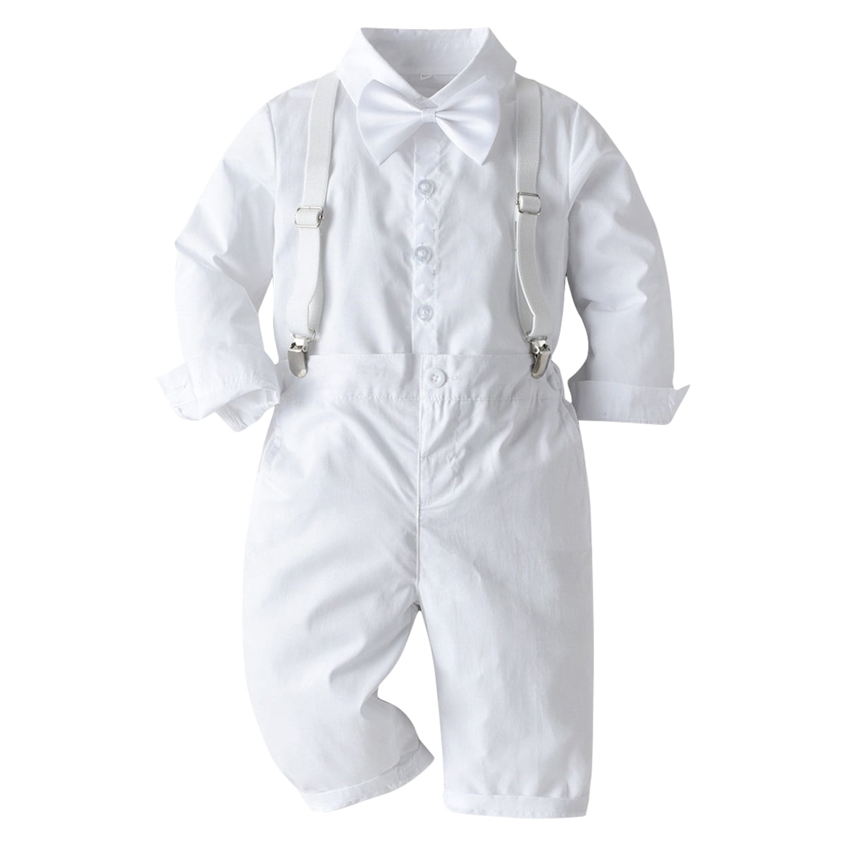 IBTOM CASTLE Toddler Baby Boys Baptism Christening Outift Gentleman Bowtie Shirt + Long Suspender Pants Wedding Birthday Formal Tuxedo Overalls Clothes