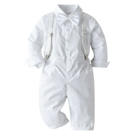 

FYMNSI Baby Boy Baptism Christening Outfit Toddler Kid Formal Gentleman Tuxedo Suit Long Sleeve Bowtie Dress Shirt Suspenders Pants First Birthday Wedding Party Ring Bearer Clothes 18-24 Months White