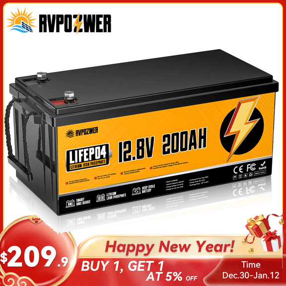 12V 200Ah Lithium LiFePO4 Battery 2560Wh Built-in BMS Deep Cycle Marine RV Solar