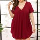 thumbnail image 2 of Vestido liso con cuello en V, dobladillo plisado suelto, manga corta, cómodo camisón para el hogar, diario, rojo vino, 4XL, 2 of 5