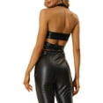 thumbnail image 3 of MODA NOVA Metallic Halter Neck Top for Juniors Deep V Neck Backless Holographic Crop Tops Black S, 3 of 5