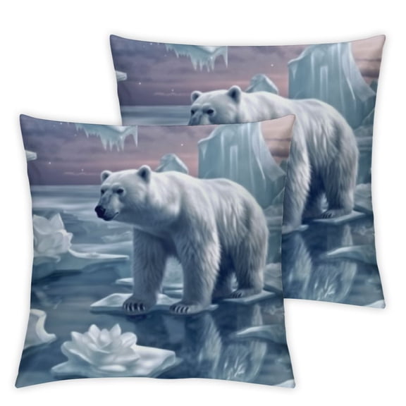 Polar Bear Throw Pillow Covers,Kawaii White Bear Pillow Covers for Kids,Ice and Snow Pink Floral Cushion Covers,Cute Wildlife Animal Decorative Accent Pillow Cases,