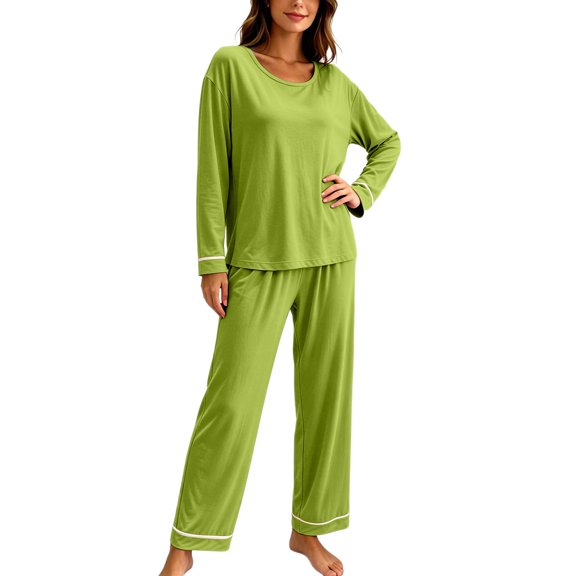 Ashirexll Pajamas for Women Set Solid Color Round Neck Loose Long Sleeve Top with Matching Pants Loungewear Set