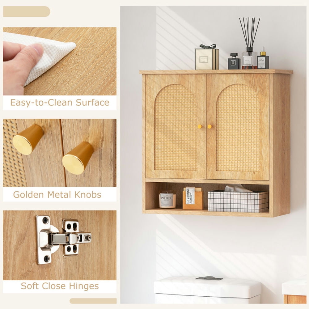 Finihen Wall Cabinet, Wall Mounted Cabinet, Medicine Cabinet, Medicine Cabinet with 2 Rattan Doors for Laundry Room Kitchen Entryway Bathroom, Natural