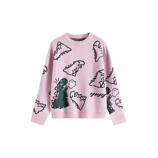 Diconna Tricot pour Adultes, Hauts à Manches Longues à Col Rond avec Imprimé de Dinosaures Dessin Animé