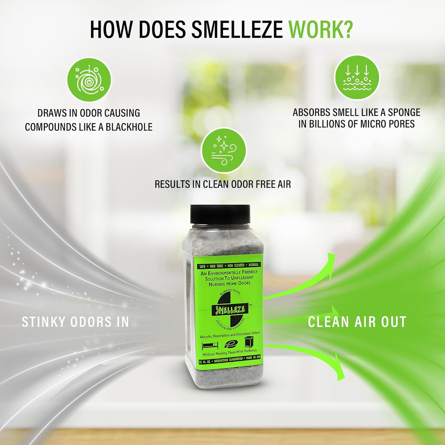 SMELLEZE Natural Elderly Odor Remover Deodorizer: 2 lb. Granules Destroy Sick Room Stench